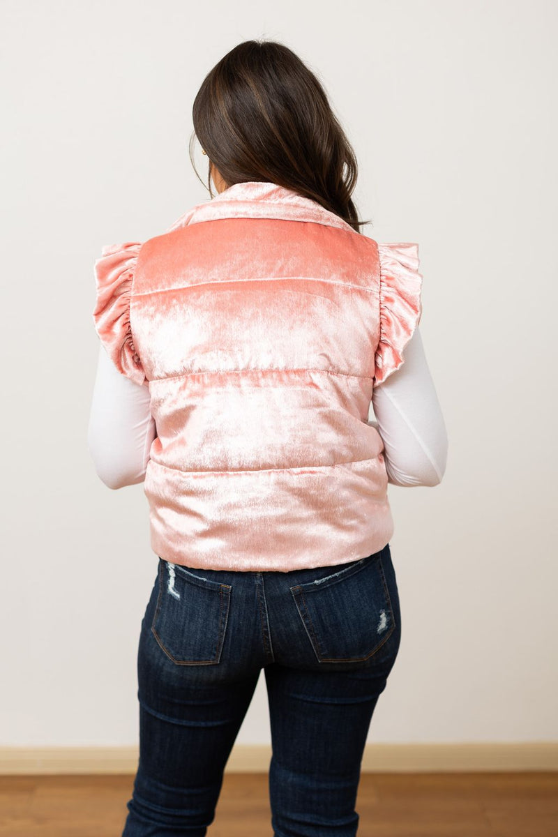 Pink Shimmer Ruffle Sleeve Puffer Vest