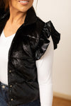 Black Shimmer Ruffle Sleeve Puffer Vest