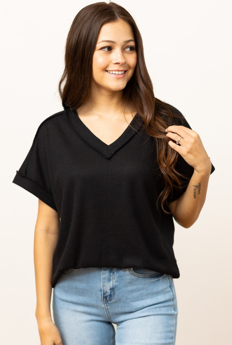 Lucy Waffle Knit Top, Black