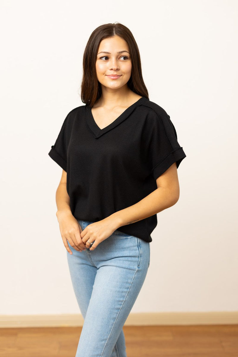 Lucy Waffle Knit Top, Black