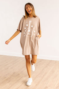 Guitar Tour T-Shirt Dress with Pockets, Beige