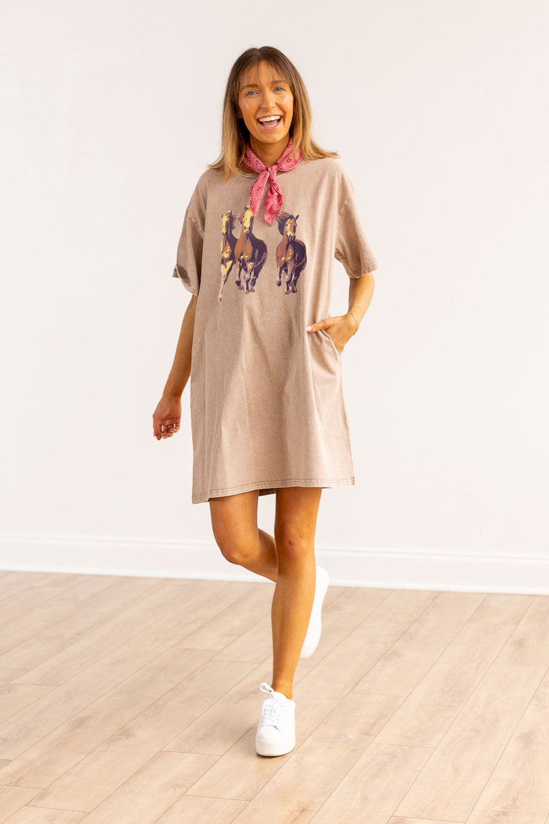 Horses T-Shirt Dress with Pockets, Beige