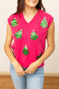 Hot Pink Sequins Tree Sweater Vest