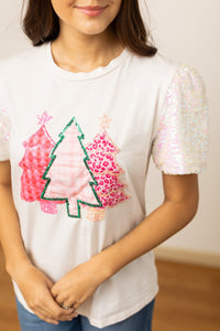 Festive Forest on White Sequin Sleeve Top