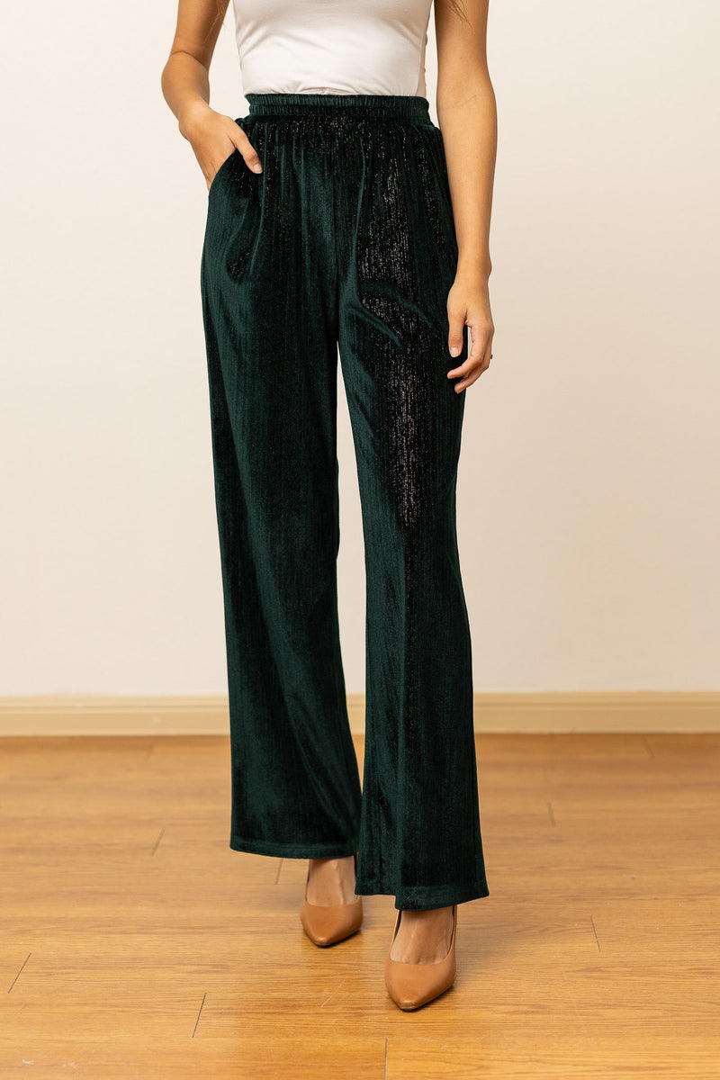 Velvet Straight-Leg Pants, Green