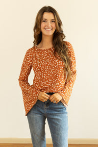 Rust Floral Bell Sleeve Top