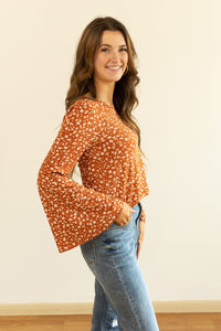 Rust Floral Bell Sleeve Top