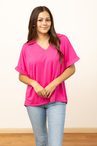 Cara Collared Top, Neon Pink