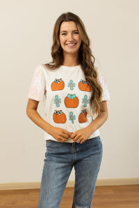 Western Pumpkins on White Top With Sequins Puff Sleeve