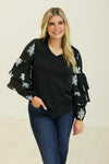 V-Neck Top with Embroidered Sleeves