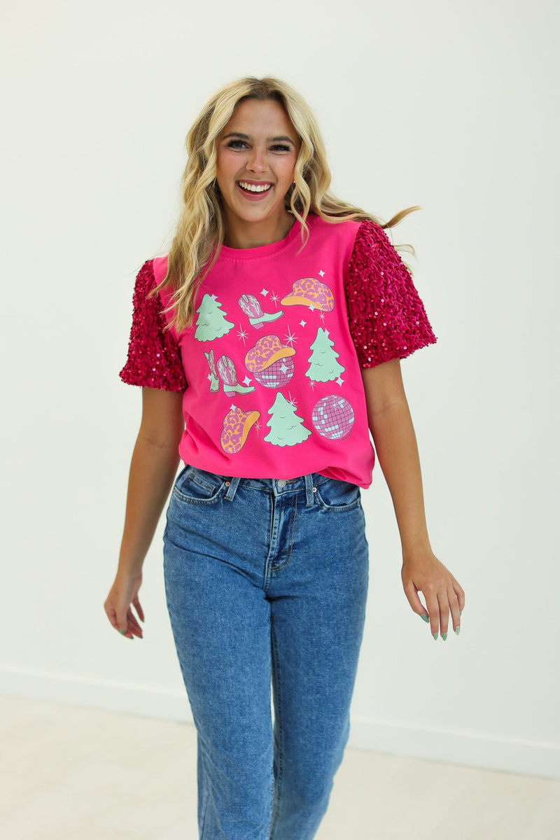 Western Christmas on Hot Pink T-Shirt with Velvet Sequin Sleeves