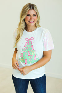 Christmas Tree on White T-Shirt with Velvet Sequin Sleeves