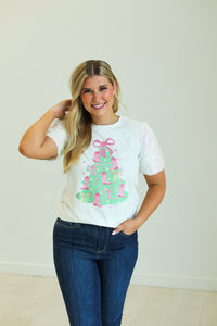 Christmas Tree on White T-Shirt with Velvet Sequin Sleeves