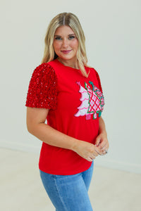 Festive Forest on Red T-Shirt with Sequin Velvet Sleeves