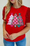 Festive Forest on Red T-Shirt with Sequin Velvet Sleeves