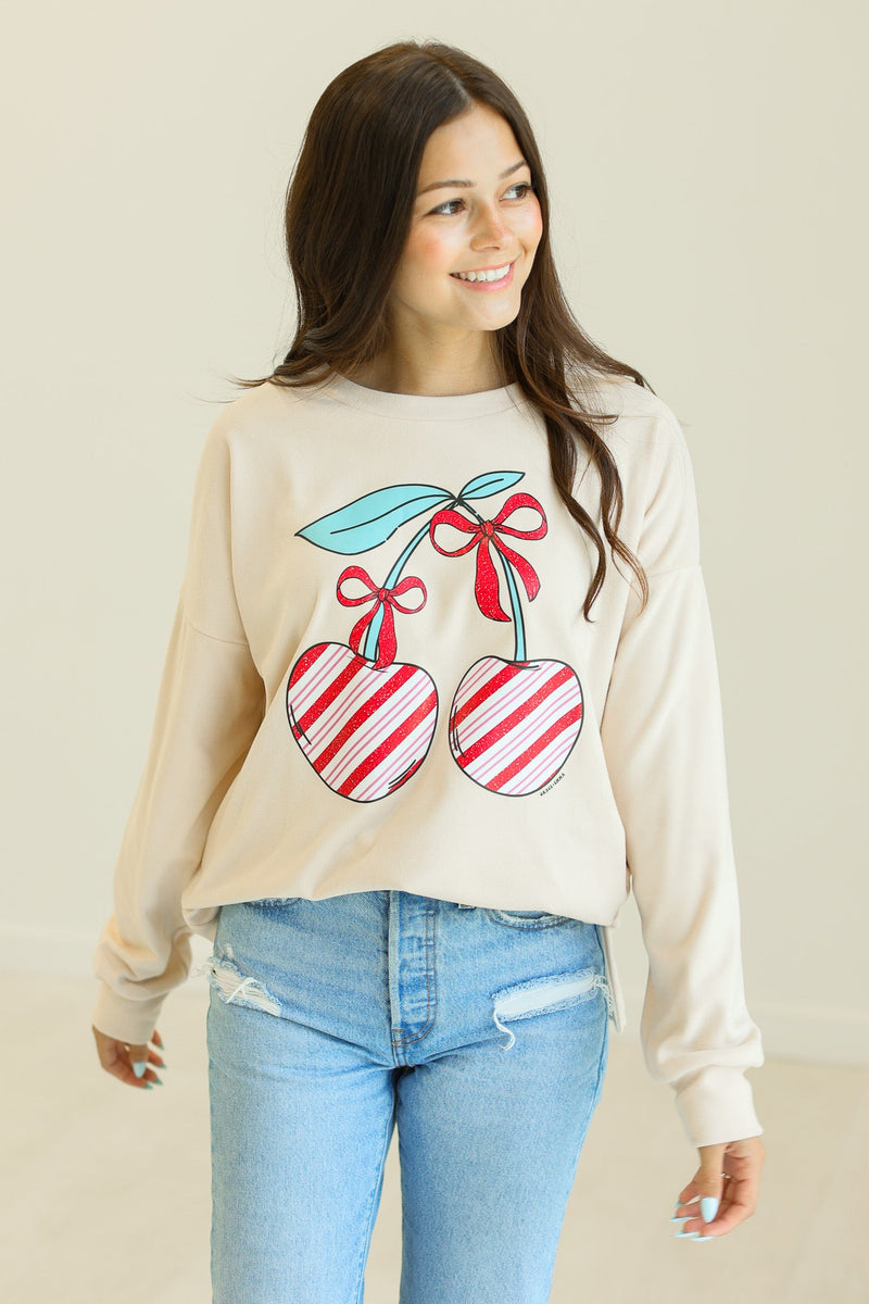 Christmas Cherries on Ivory Micro Fleece Sweatshirt