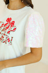 Wrap Queen on White T-Shirt with White Sequin Sleeves