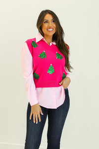 Hot Pink Sequins Tree Sweater Vest