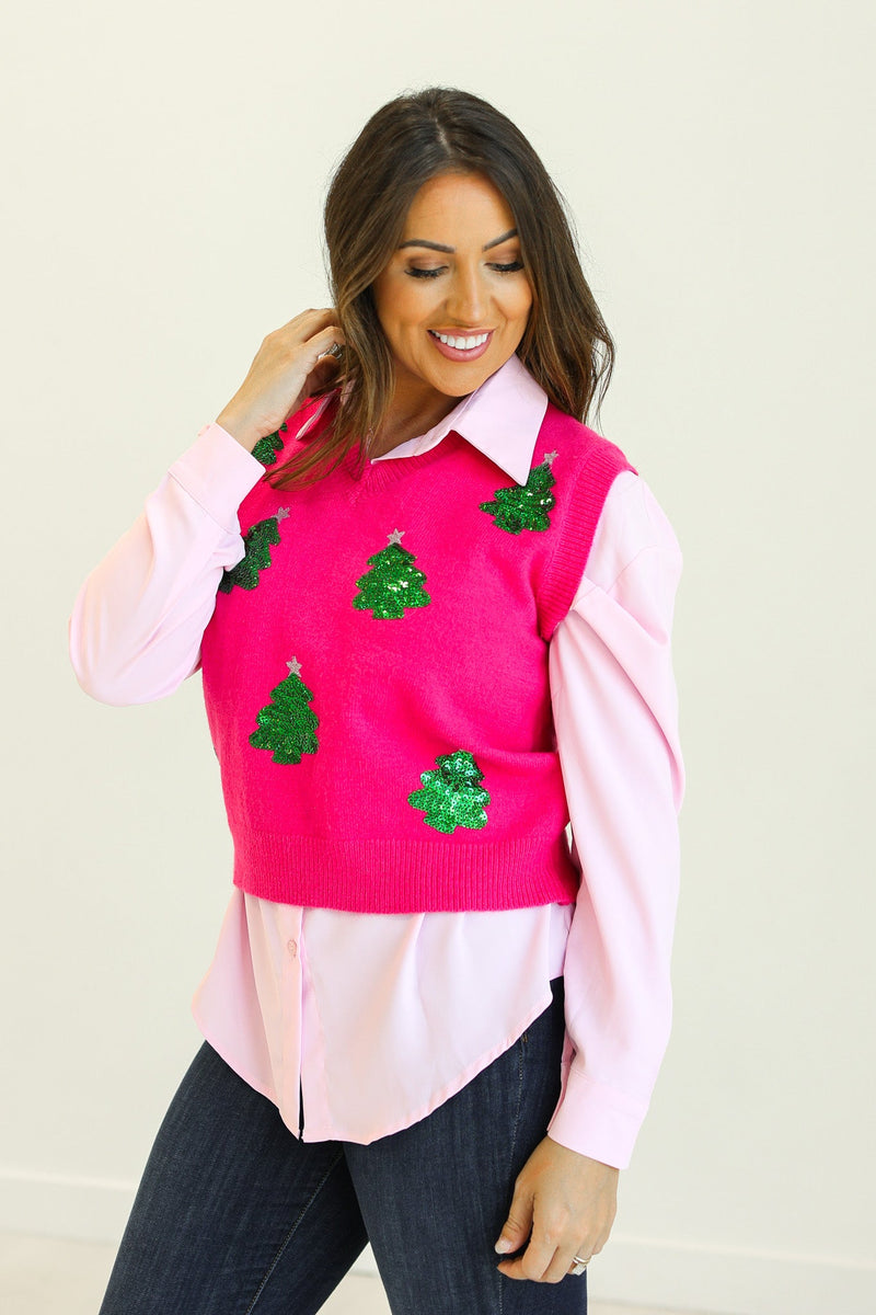 Hot Pink Sequins Tree Sweater Vest