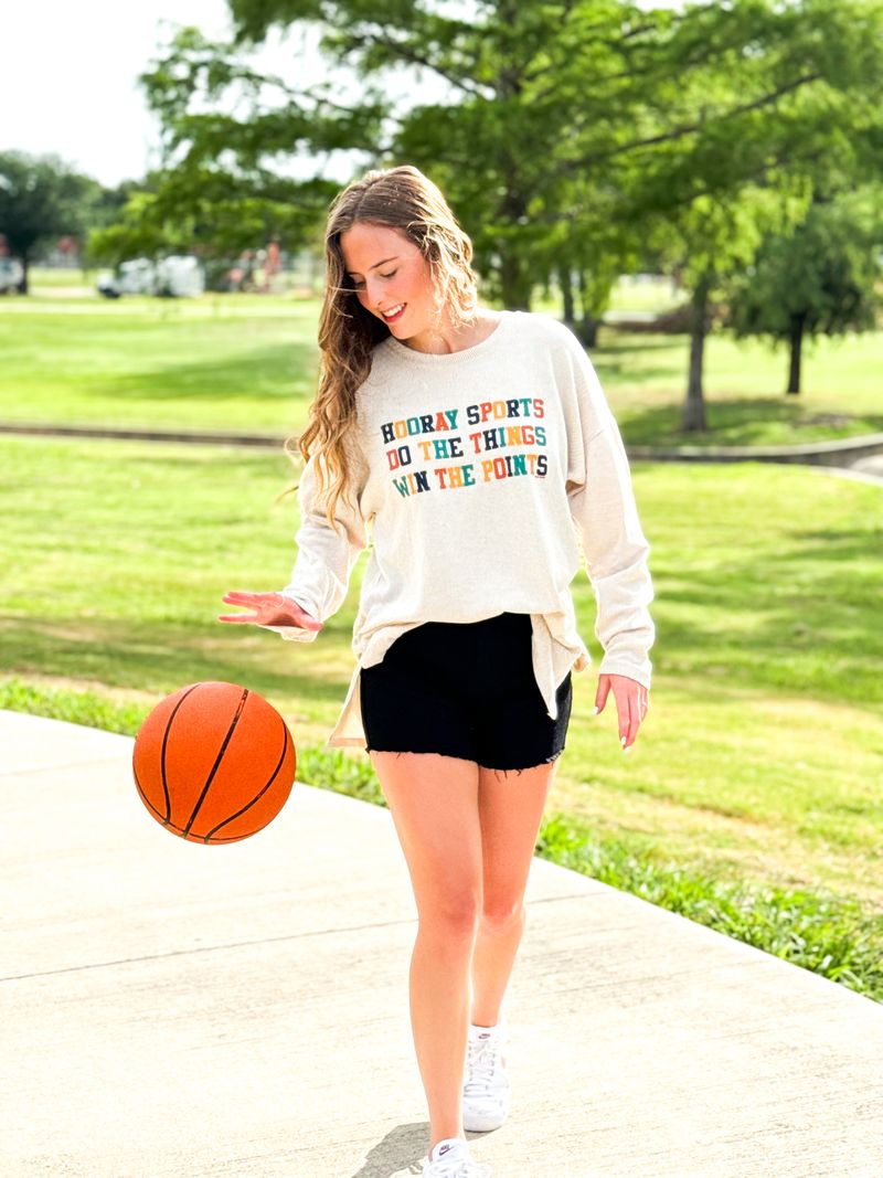 'Hooray Sports' on Beige Ribbed Long-Sleeve Tee