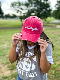 White Football Y'all Embroidery on Bright Red Hat