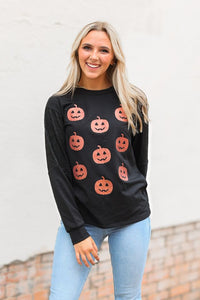 Sequin Pumpkins on Black Sweatshirt