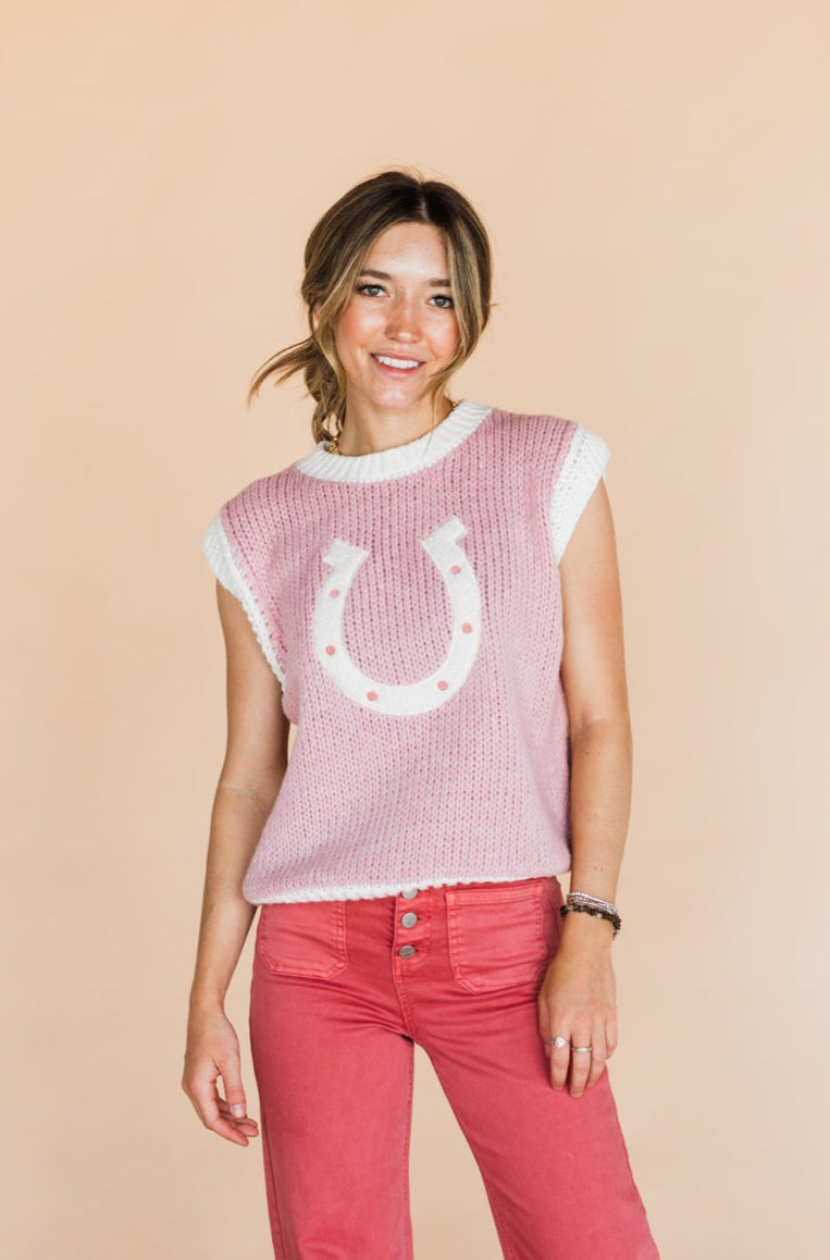 The Woven Horseshoe Sweater Vest in Pink