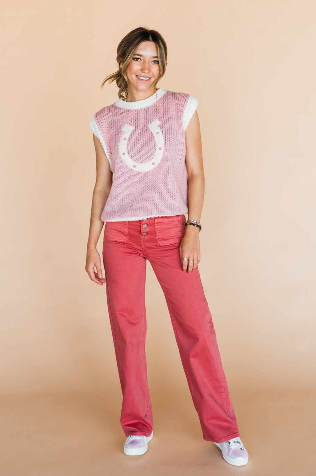 The Woven Horseshoe Sweater Vest in Pink