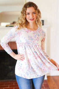 Feeling Fun Blue & Pink Floral Ribbed Babydoll Ruffle Top