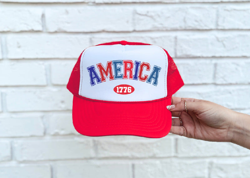 America 1776 DTF Printed Red & White Trucker Hat
