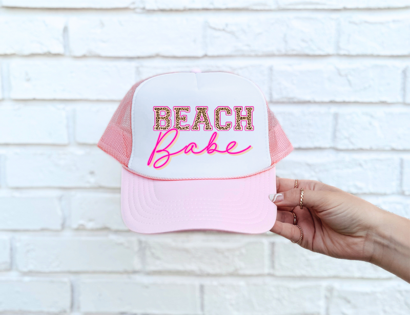 Beach Babe DTF Printed Pink & White Trucker Hat