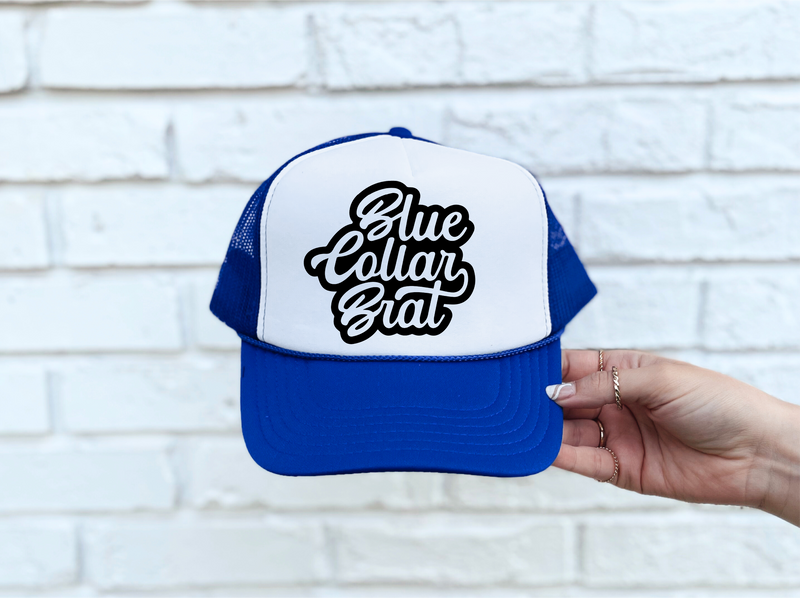 Blue Collar Brat DTF Printed Blue & White Trucker Hat (Copy) (Copy)