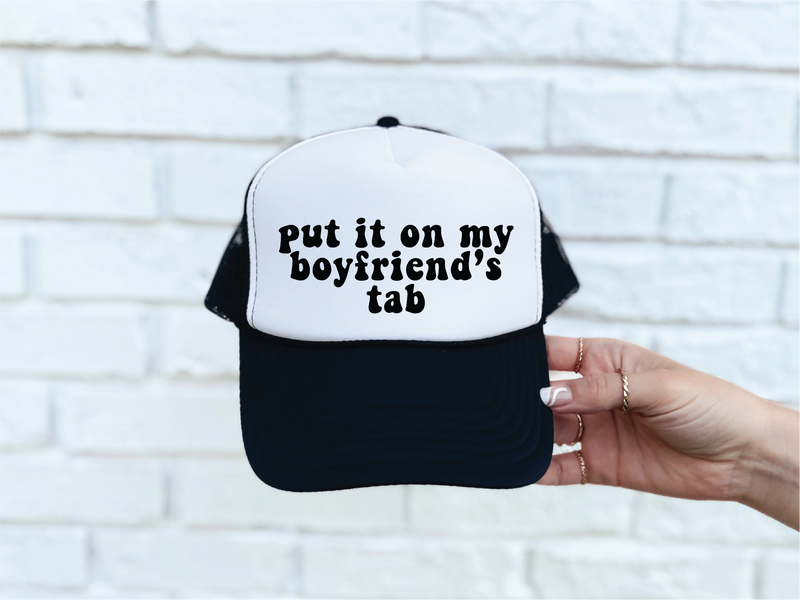 Put It On MyBoyfriends Tab DTF Printed Black & White Trucker Hat