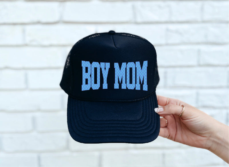 Checkered Boy Mom DTF Printed Black Trucker Hat (Copy) (Copy)