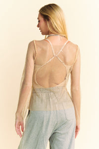 Davi & Dani Sparkling Rhinestone Sheer Mesh Round Neck Top