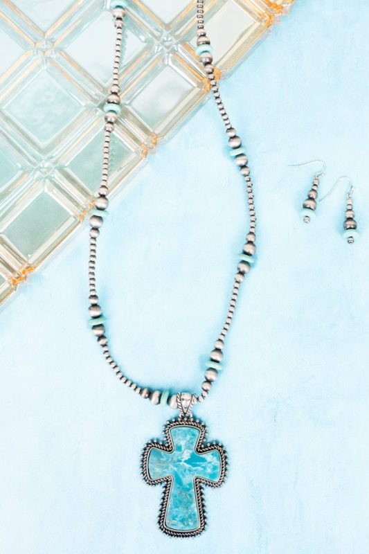 Cross Turquoise Silver Pearl Necklace & Earring Set