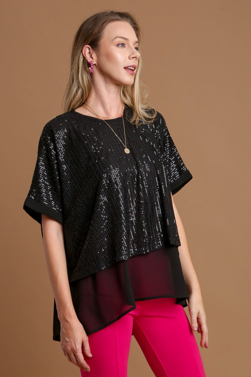 Umgee Sequin Half Sleeve Layered Blouse