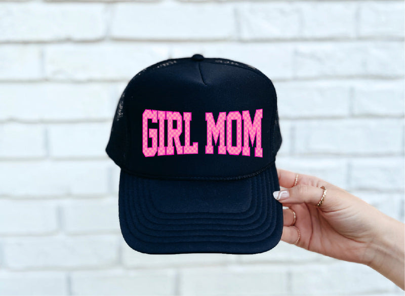 Checkered Girl Mom DTF Printed Black Trucker Hat (Copy)