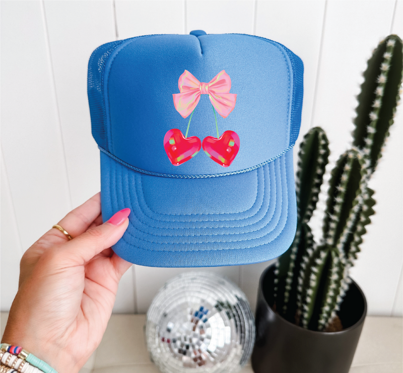 Heart Cherries DTF Printed Columbia Blue Trucker Hat