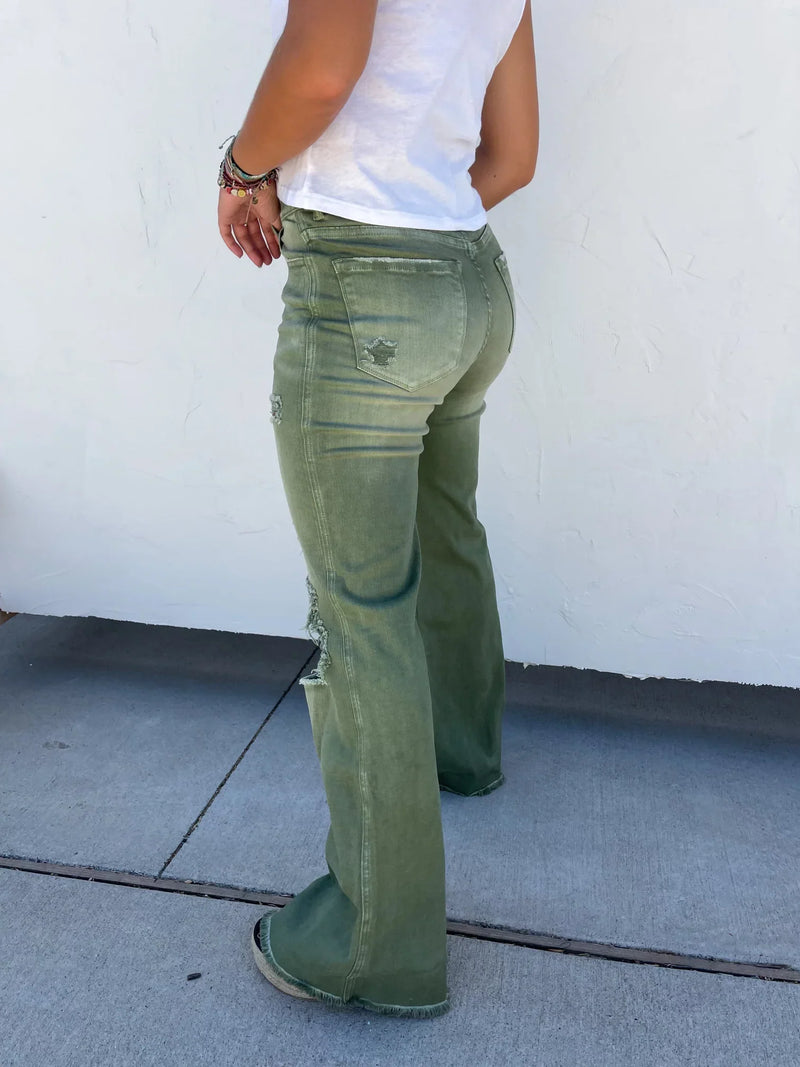 Blakeley Distressed Jeans In Olive and Camel