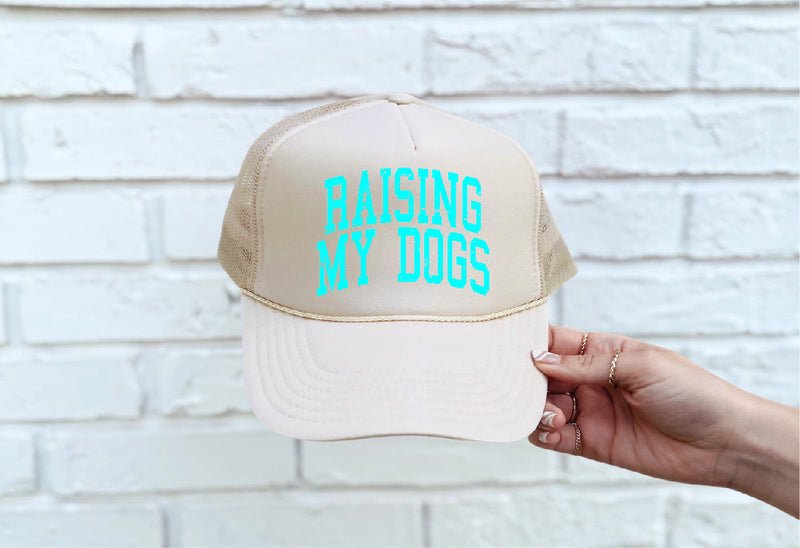 Raising My Dogs DTF Printed Tan Trucker Hat