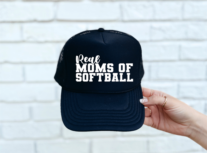 Real Moms of Softball DTF Printed Black Trucker Hat