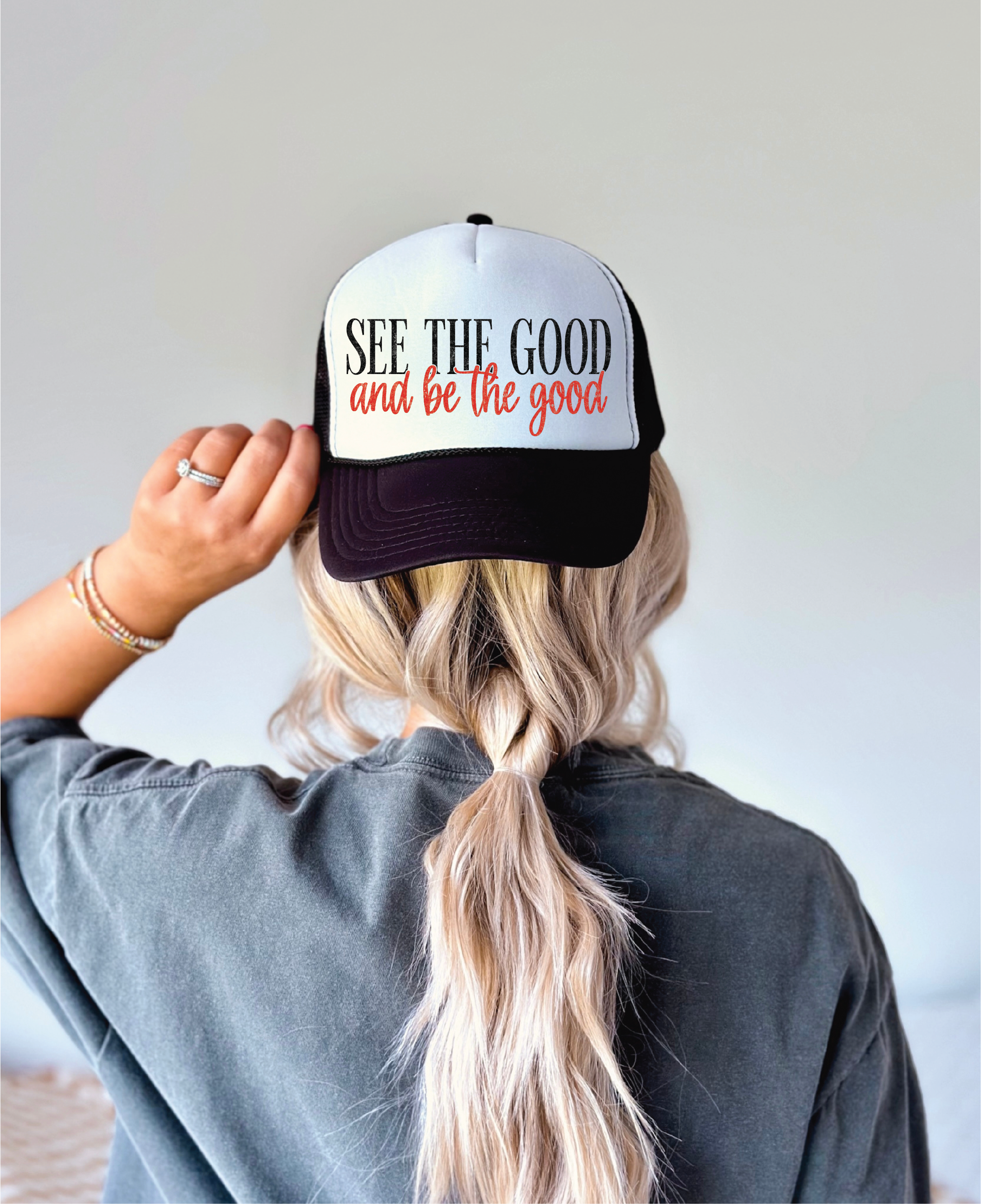See The Good Be The Good Printed Black and White Trucker Hat