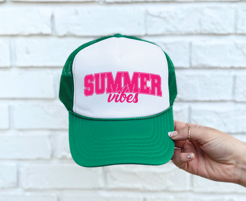 Summer Vibes DTF Printed Kelly Green & White Trucker Hat