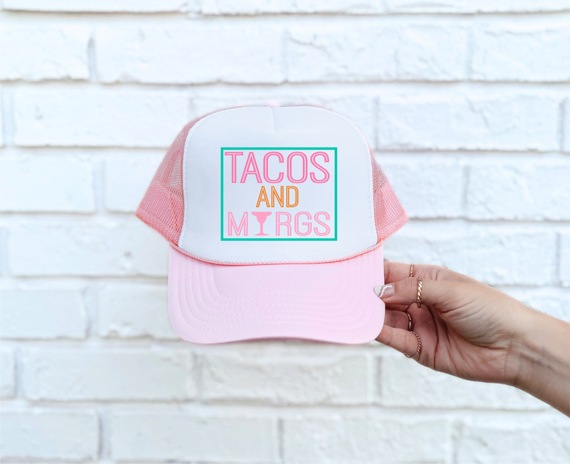 Tacos and Margs DTF Printed Light Pink & White Trucker Hat