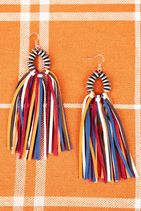 Disk Beaded Loop and Multi-Color Faux Suede Tassel Earrings