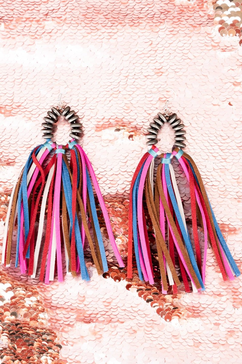 Disk Beaded Loop and Multi-Color Faux Suede Tassel Earrings