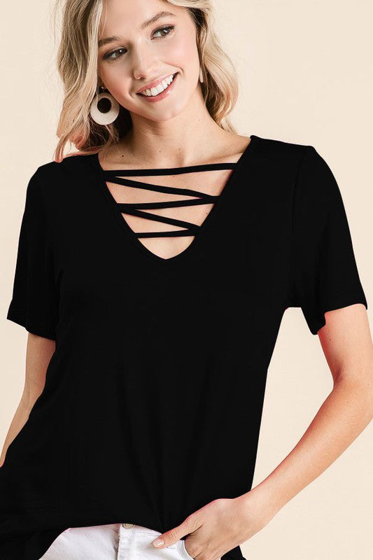 Jersey Knit V Neck Top with Caged Neck Detail