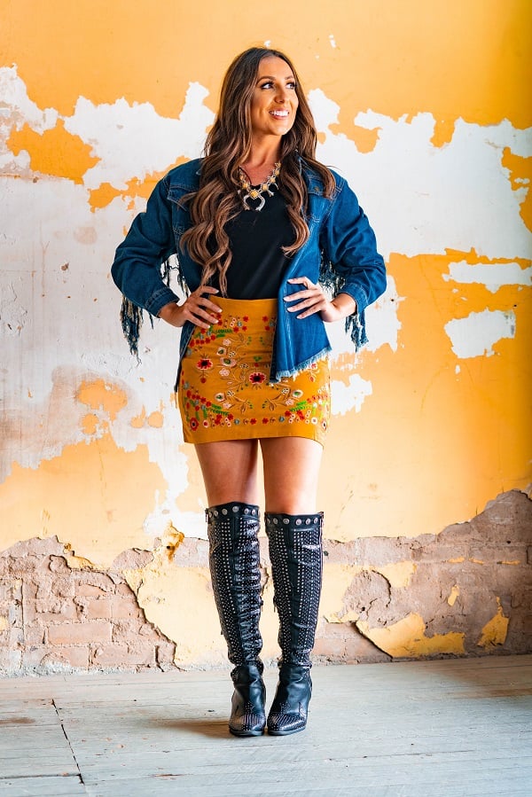 Suede Mustard Embroidered Mini Skirt