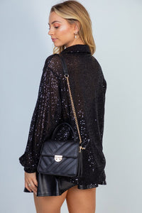 Sequin Mesh Knit Button Down Top in Black